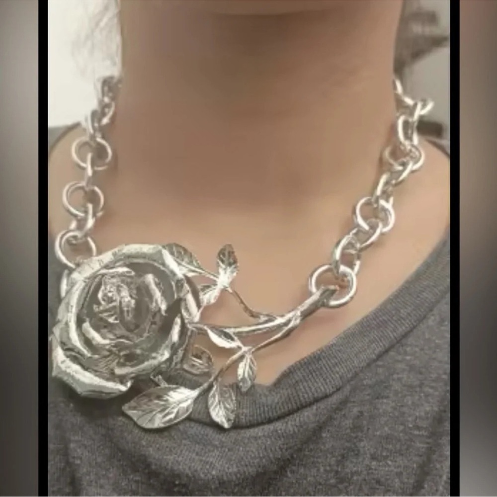 Rose Silver Elegance Bold Floral Statement Neckla… - image 3